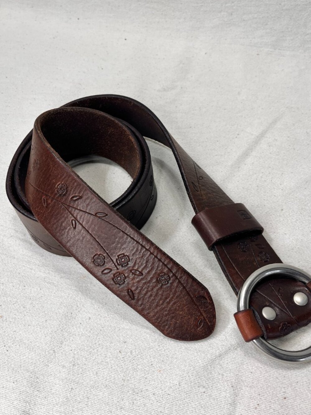 Lauren Ralph Lauren XL Brown Tooled Leather Belt O-Ring Buckle Bohemian Hippie